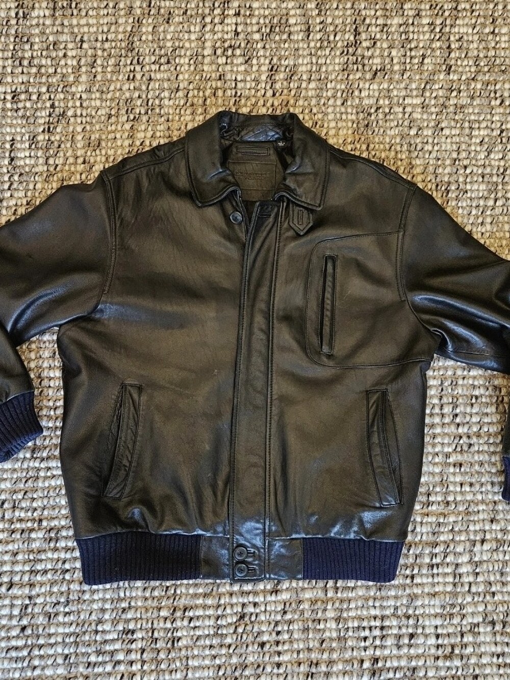 Roundtree & Yorke Leather Bomber Jacket Black Quilted Lining Men's Size Large